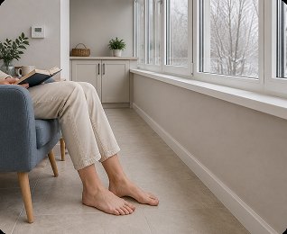Человек с книгой сидит на балконе, босые ноги на тёплом полу